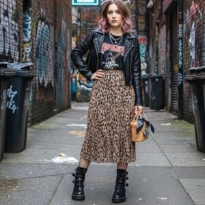 TanJay Abstract Dash Print Bohemian Festival Flared Midi Skirt Earth Tones M